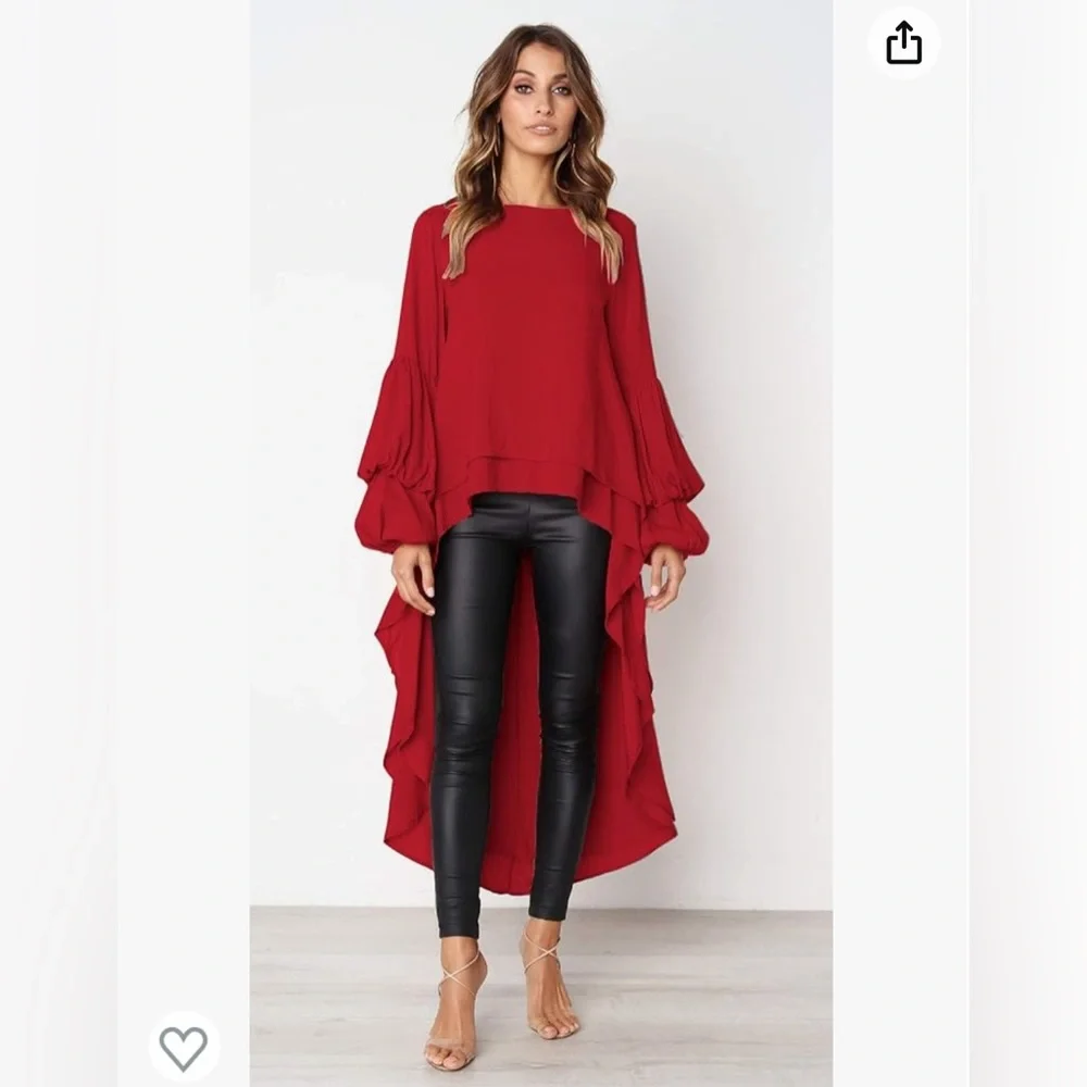 PRETTYGARDEN Womens Lantern Long Sleeve Asymmetrical Irregular Hem Blouse Shirt - Picture 4 of 7